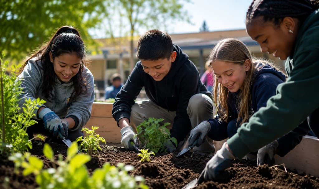 Students collaborating on a raised garden bed at school