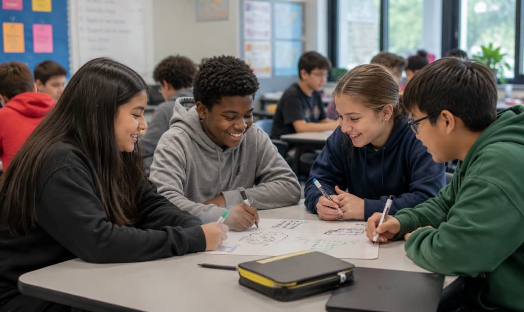 Diverse students collaborating on a project at a classroom table