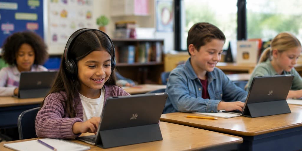 Elementary students using tablets with keyboards in a bright classroom
