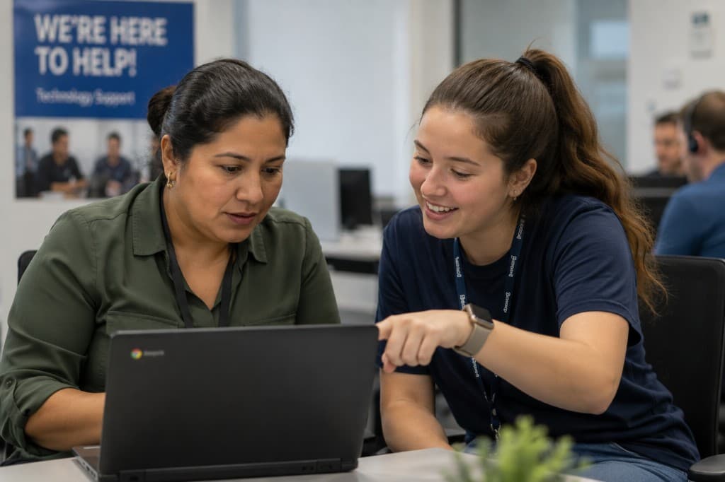 Dewpath technology support staff helping a district team member at a laptop