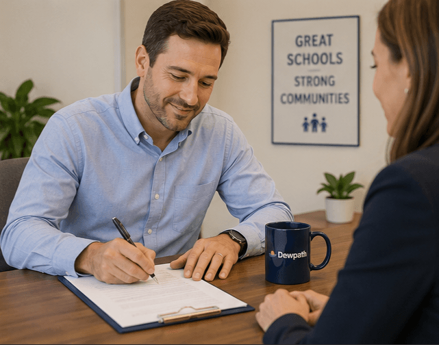 District leader signing an agreement at a desk with Dewpath branding